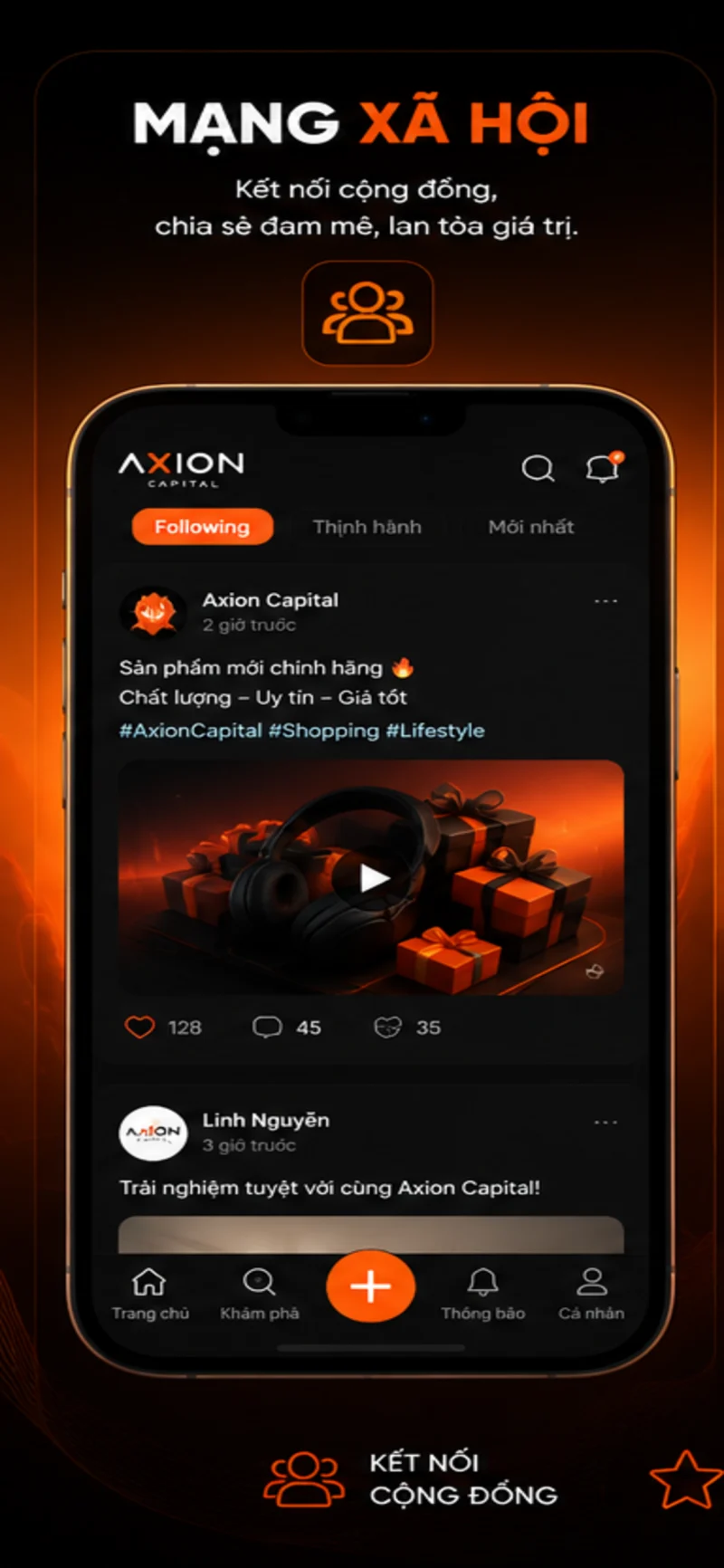 Giao diện mạng xã hội của ứng dụng AXION Capital